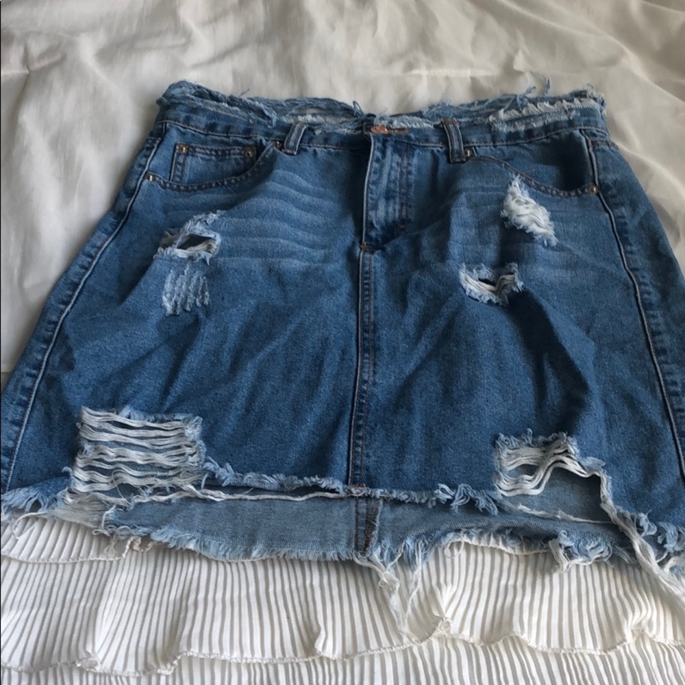 Distressed denim skirt
